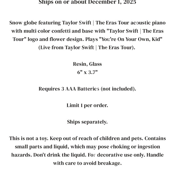 Taylor Swift The Eras Tour Acoustic Piano Snow Globe - Picture 5 of 5